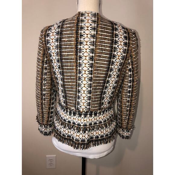 Tory Burch Jessica Tweed Jacket Size 6 Blazer Hidden Snaps Fringe Brown Black - Picture 4 of 9